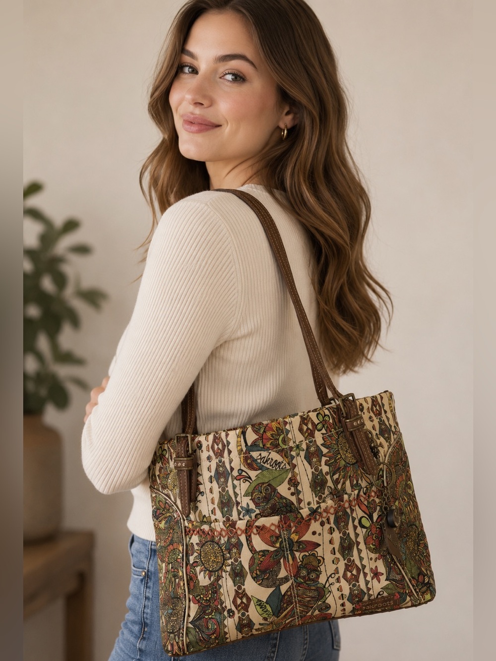 Sakroots Bag Boho Clorful Fun Floral Cream Tote Bag with Brown Handles & charm - Picture 1 of 6